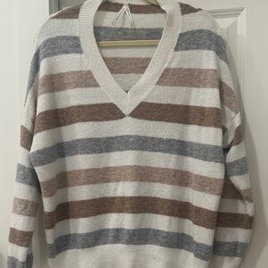Dreamers V-Neck Sweater - Cream, Gray, Brown Stripes